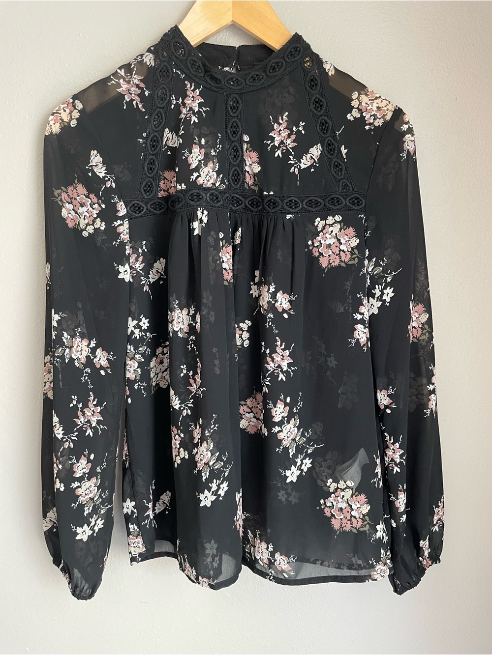 Lucky Brand Black Floral Lace Yoke Blouse Sheer Chiffon coquette whimsical boho